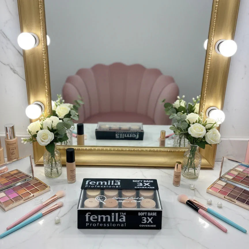 Makeup vanity with gold mirror, flowers, pink chair, and Femila Professional cosmetics at Icaro