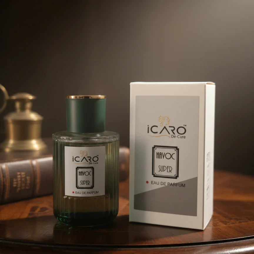 Icaro Havoc Super Eau de Parfum bottle and box on a wooden table with a vintage decor background
