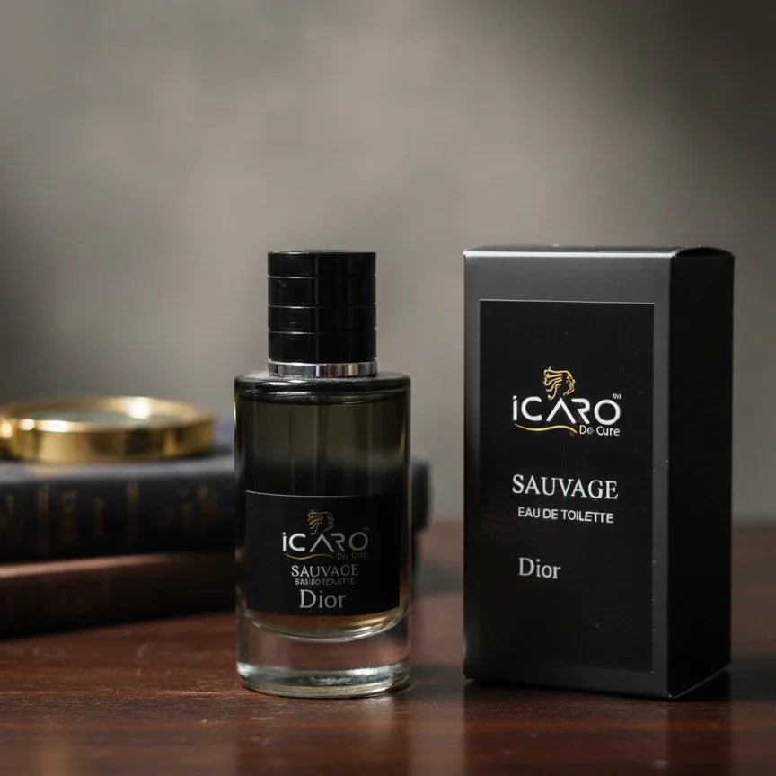 Icaro Sauvage Dior Eau de Toilette perfume bottle and box on wooden table