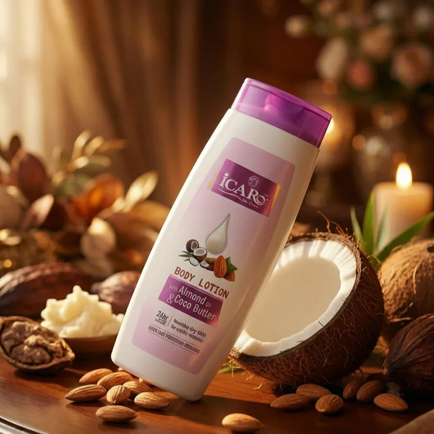 Icaro body lotion with almond oil and coco butter bottle surrounded by almonds and coconut.