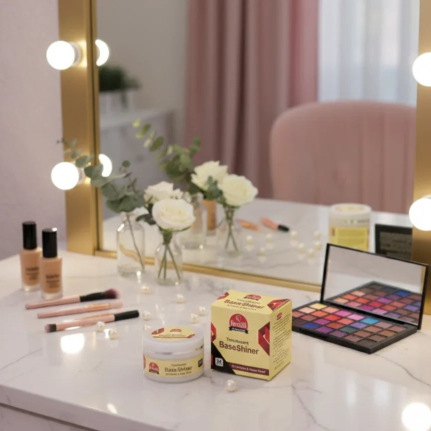 Icaro beauty vanity with makeup brushes, palette, BaseShiner product, and flowers.