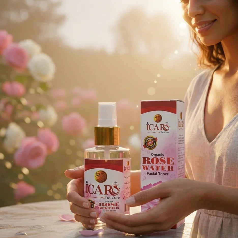 Woman holding Icaro organic rose water facial toner with pink roses in the background