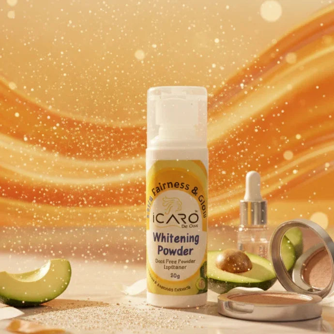 Icaro Whitening Powder skincare product with avocado and makeup on a golden background
