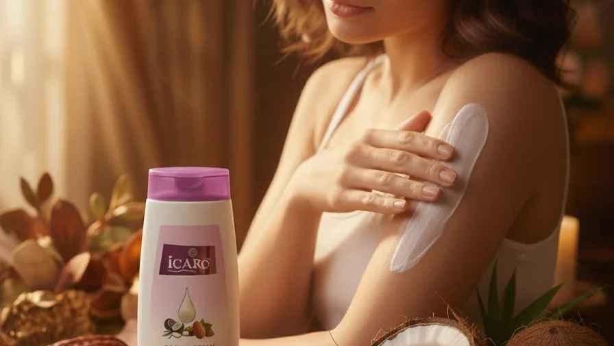Woman applying Icaro body lotion with coconut, cocoa, and shea butter, natural skincare