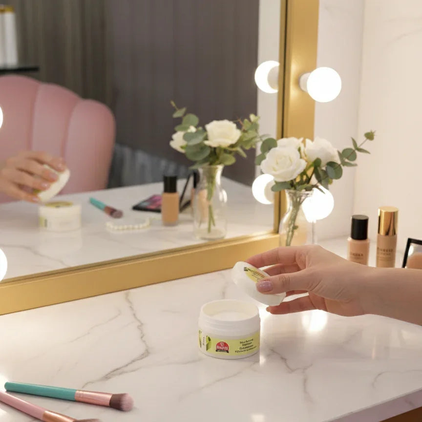 Icaro powder foundation and cosmetics on marble vanity with mirror and white roses