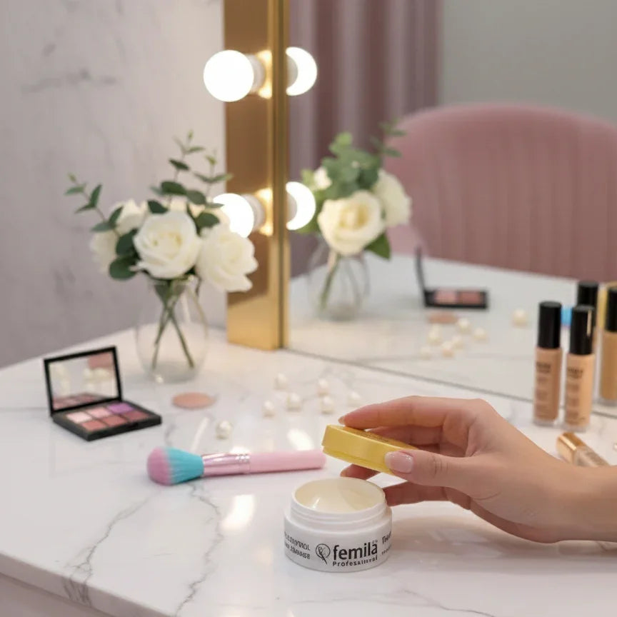 Femila Professional Base Shiner with makeup products on vanity, lit mirror, and roses