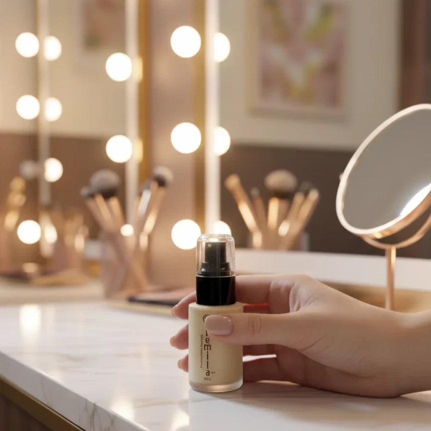 Hand holding a foundation bottle on a makeup vanity with lights, Icaro beauty store style