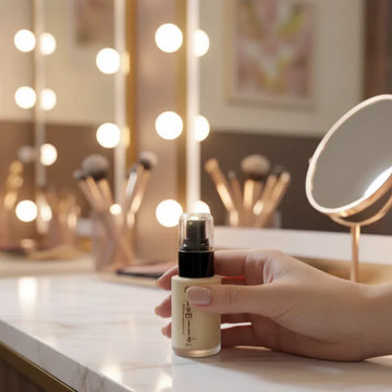 Hand holding a foundation bottle on a makeup vanity with lights, Icaro beauty store style