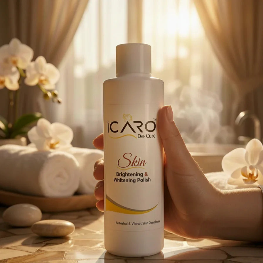 Icaro De-Cure skin brightening and whitening polish bottle in a spa setting with orchids and towels