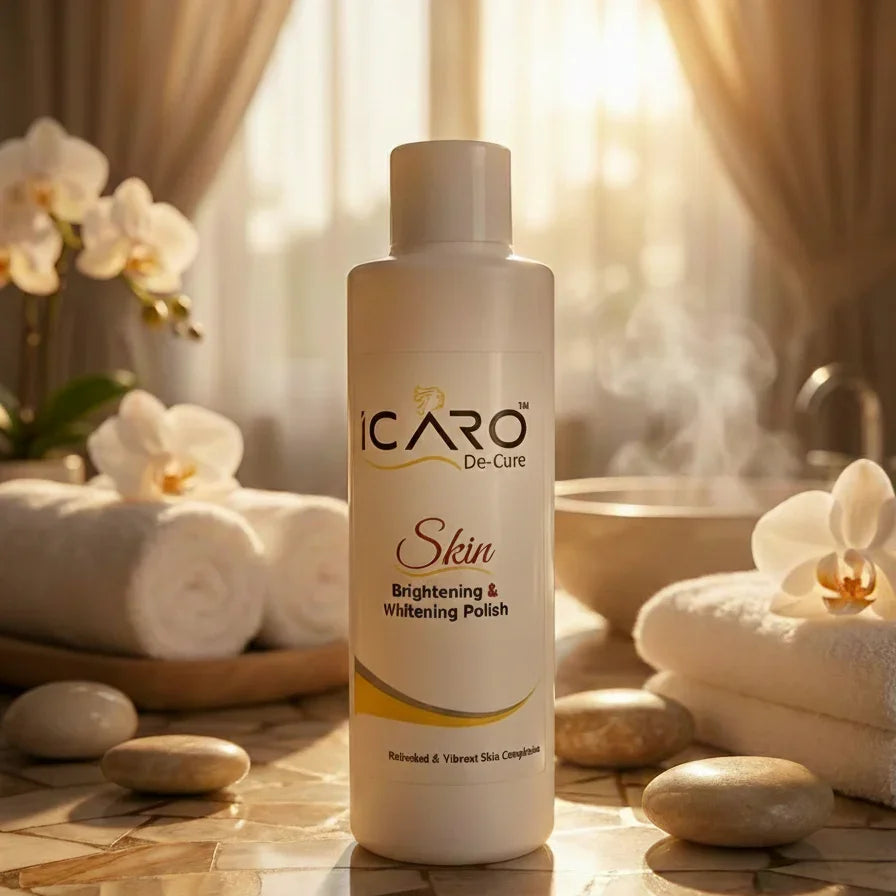 Icaro Skin Brightening & Whitening Polish bottle in a spa setting with orchids and towels