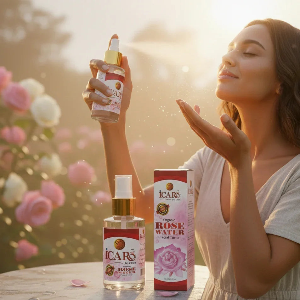 Woman spraying Icaro organic rose water facial toner on face outdoors with roses in background