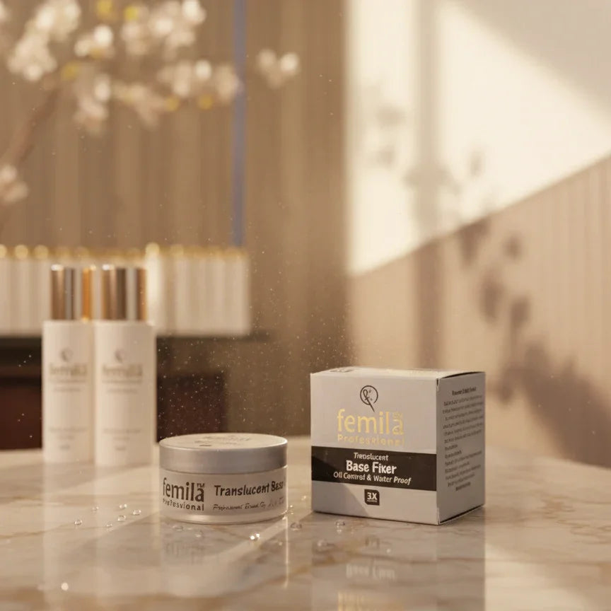 Femila Professional Translucent Base Fixer cosmetics on marble surface with soft sunlight