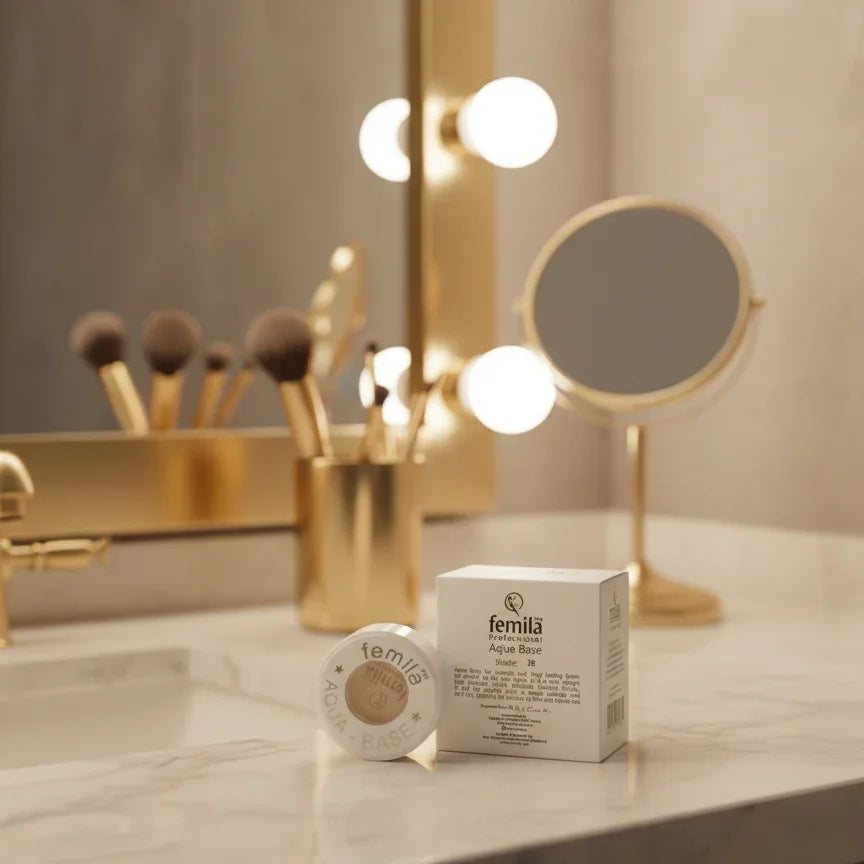 Femila Aqua Base cosmetic on marble vanity with gold mirror and makeup brushes