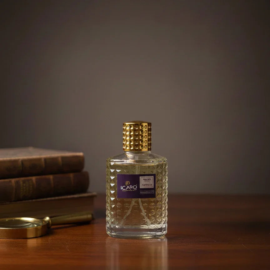 Icaro perfume bottle with gold studded cap on wooden table, vintage books and magnifying glass