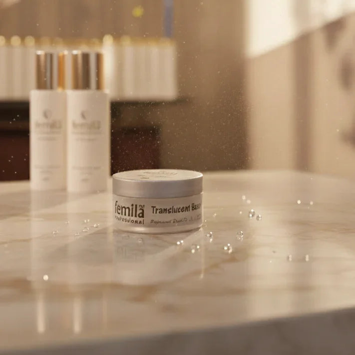 Femila Professional Translucent Base Fixer cosmetics on marble surface with soft sunlight