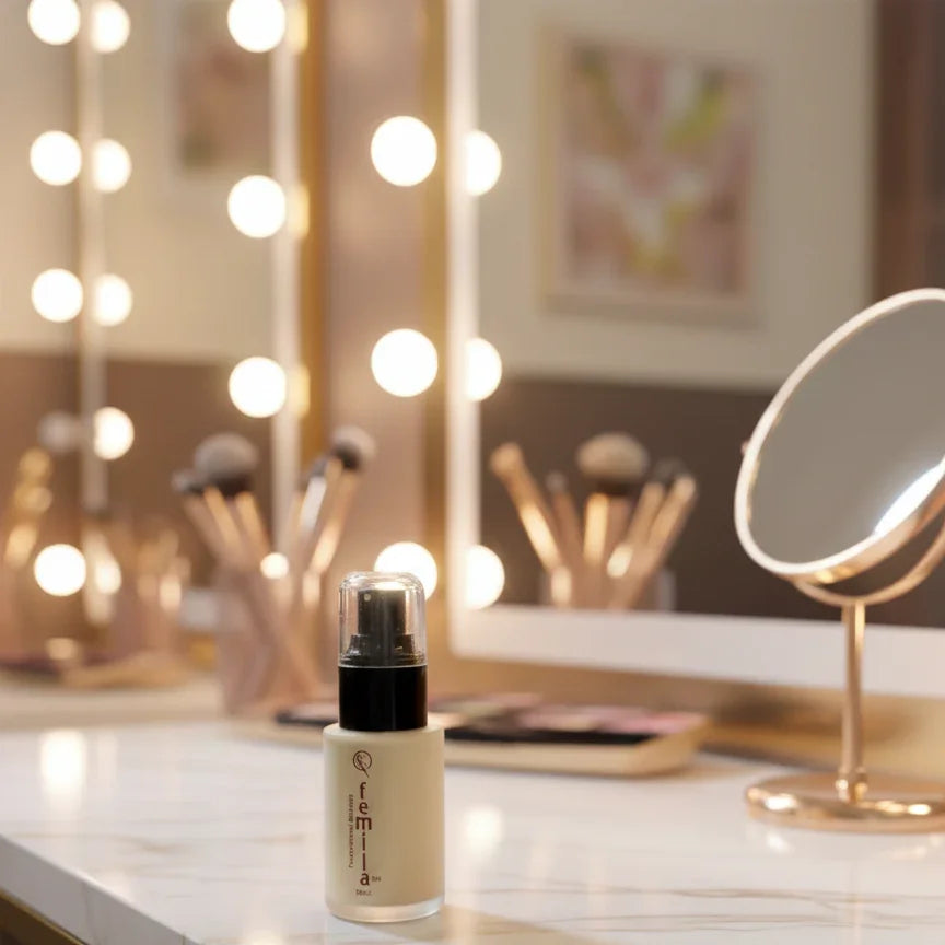 Femia cosmetic foundation bottle on vanity table with mirror and makeup brushes, Icaro store