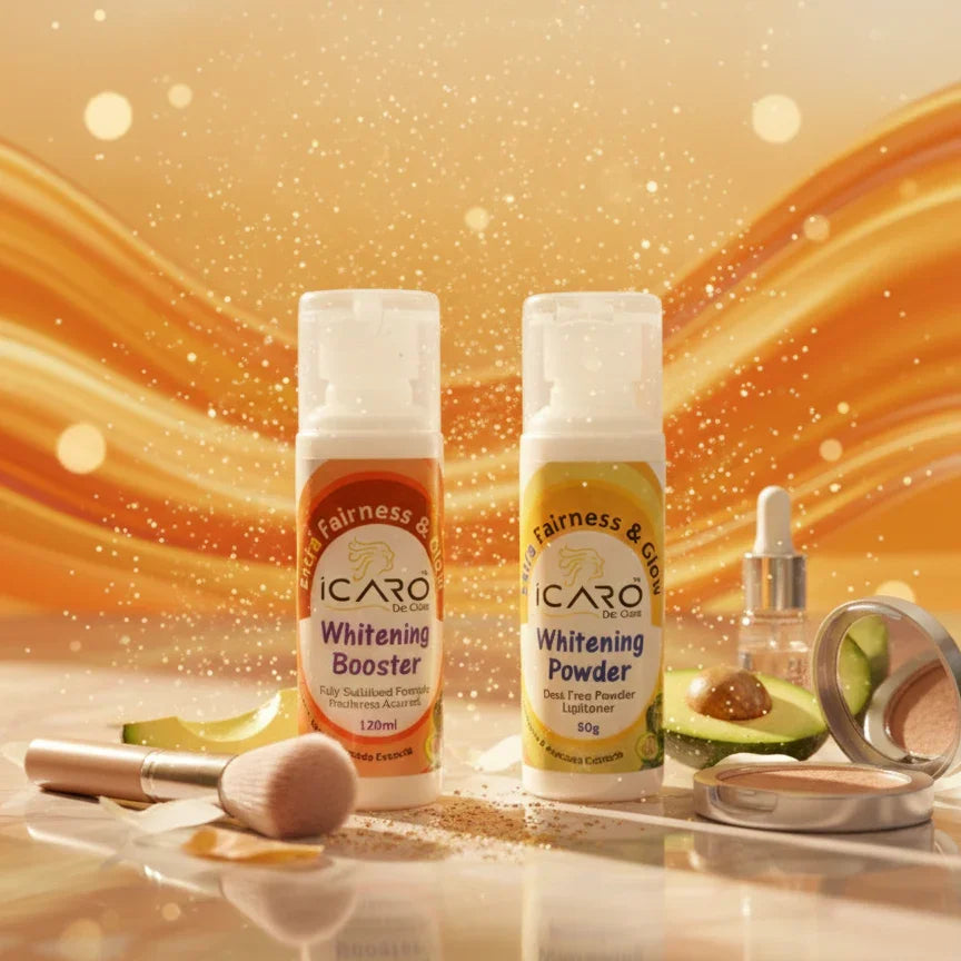 Icaro Whitening Booster and Whitening Powder skincare products with avocado, makeup brush, and powder on a glowing orange background