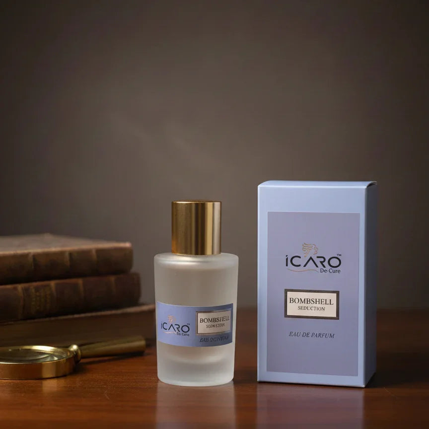 Icaro Bombshell Seduction Eau de Parfum bottle and box on wooden table with books