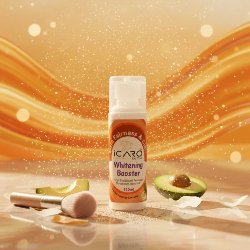 Icaro Whitening Booster and Whitening Powder skincare products with avocado, makeup brush, and powder on a glowing orange background