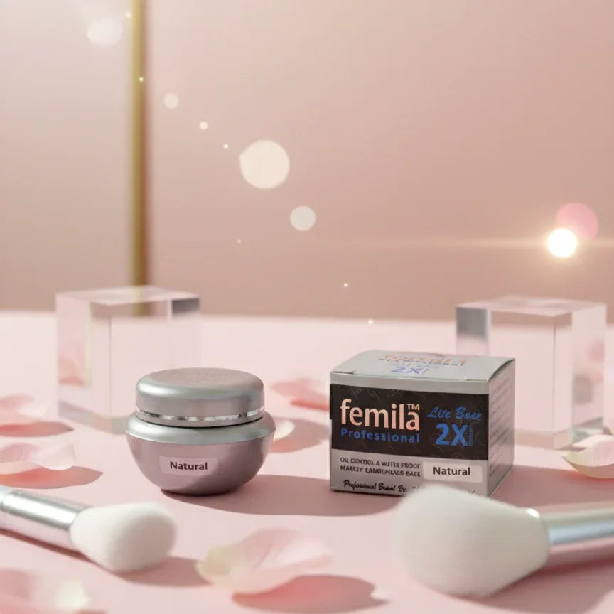 Femila Professional Natural makeup base jar and box with brushes and petals on pink background