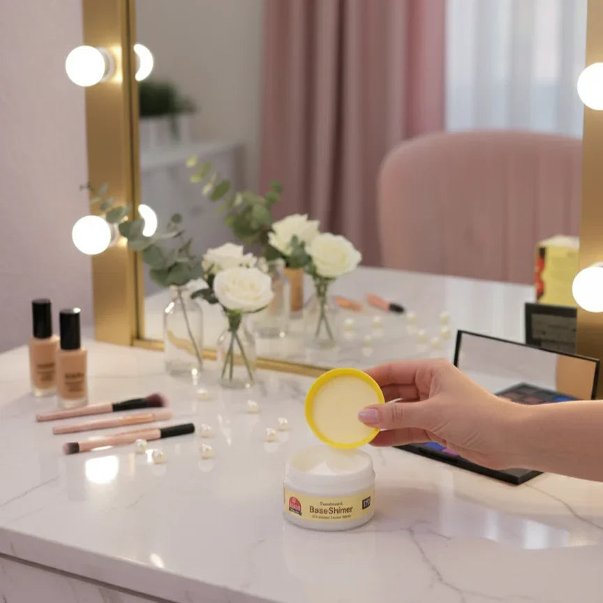 Icaro beauty vanity with makeup brushes, palette, BaseShiner product, and flowers.