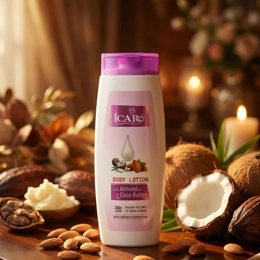 Icaro body lotion with almond oil and cocoa butter surrounded by almonds and coconuts