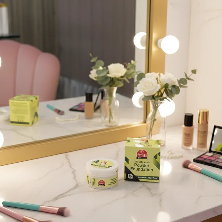 Icaro powder foundation and cosmetics on marble vanity with mirror and white roses