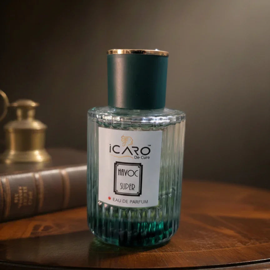 Icaro Havoc Super Eau de Parfum bottle and box on a wooden table with a vintage decor background