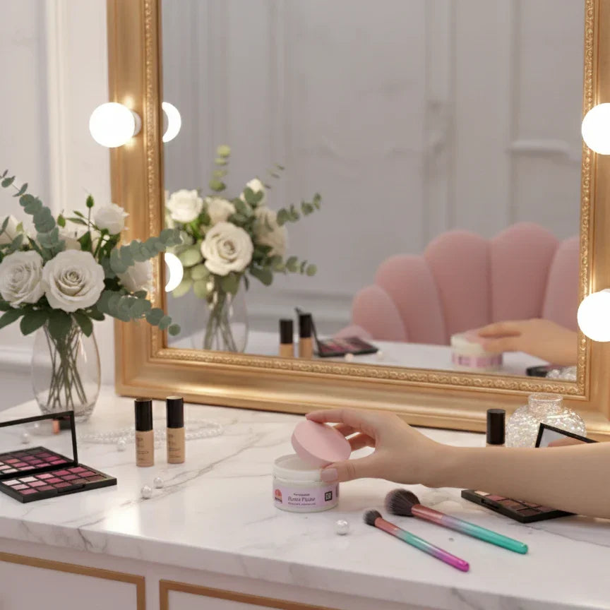 Vanity with makeup, brushes, base fixer, flowers, and gold mirror at Icaro