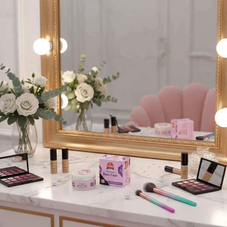 Vanity with makeup, brushes, base fixer, flowers, and gold mirror at Icaro