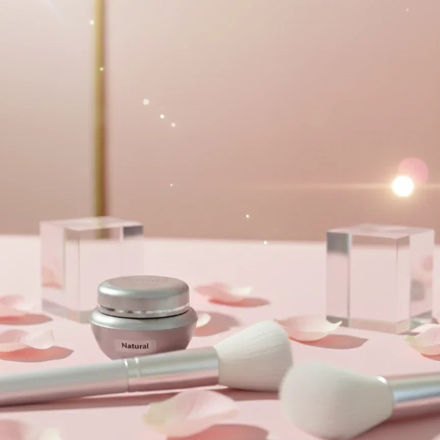 Femila Professional Natural makeup base jar and box with brushes and petals on pink background