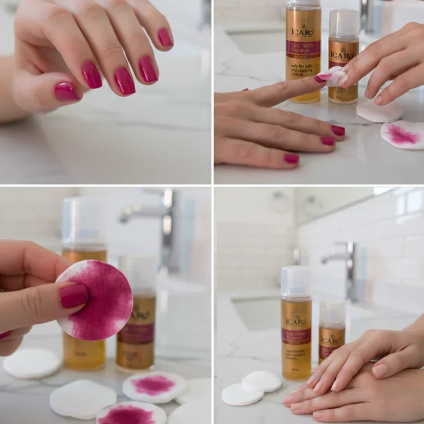 Icaro nail polish remover used on pink nails with cotton pads in a bathroom setting