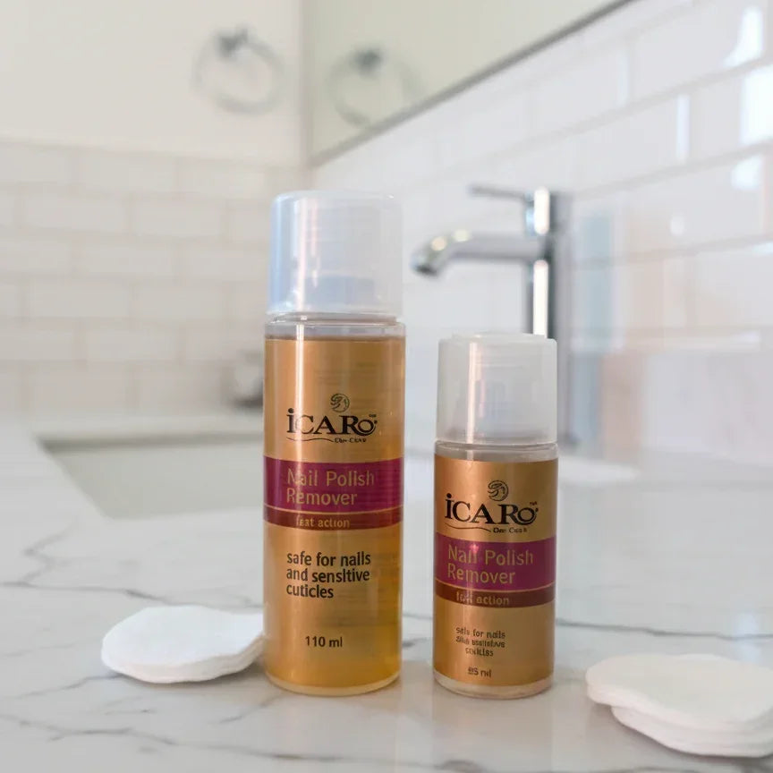 Icaro nail polish remover bottles on bathroom counter with cotton pads