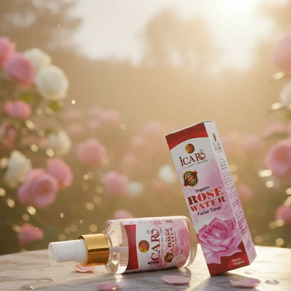Icaro rose water facial toner bottle and packaging on stone table with blooming roses in sunlight