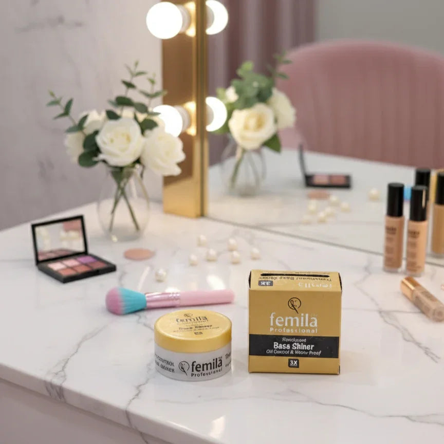 Femila Professional Base Shiner with makeup products on vanity, lit mirror, and roses